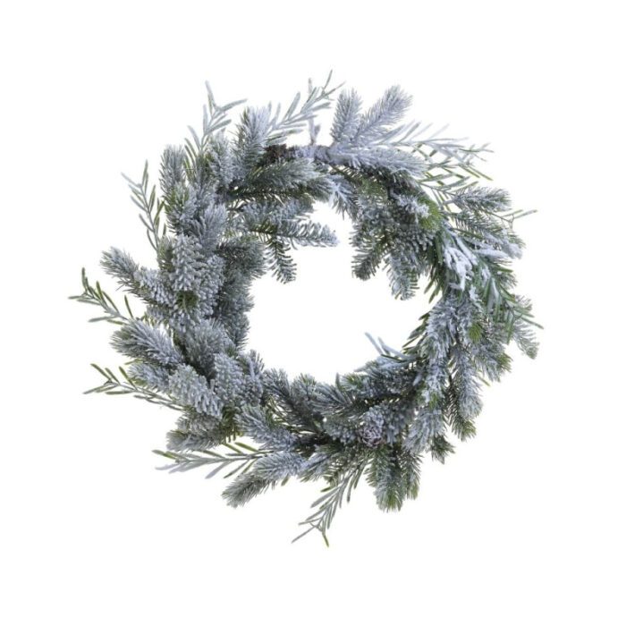 Διακοσμητικό στεφάνι χιονισμένο με κουκουνάρια σε λευκό/πράσινο Φ4
